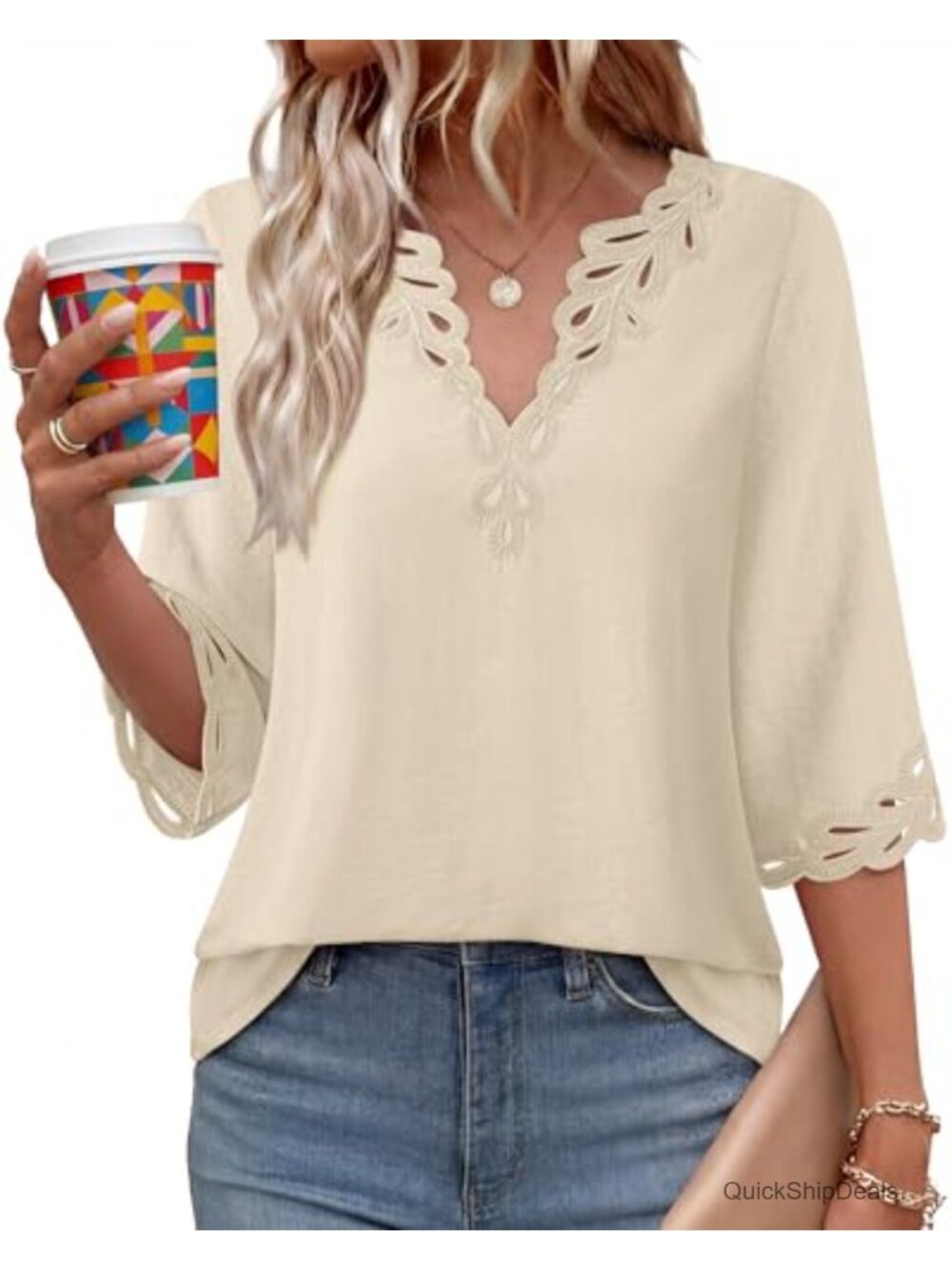 Boho Eyelet Embroidery V-Neck 3/4 Sleeve Peasant Blouse Loose Fit Summer Top